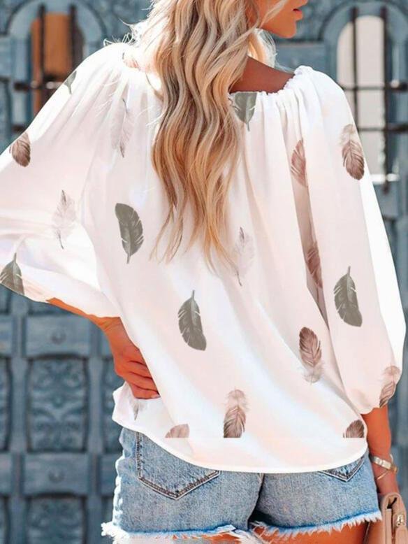 Casual Feather Print Off Shoulder Strap Blouse - LuckyFash™