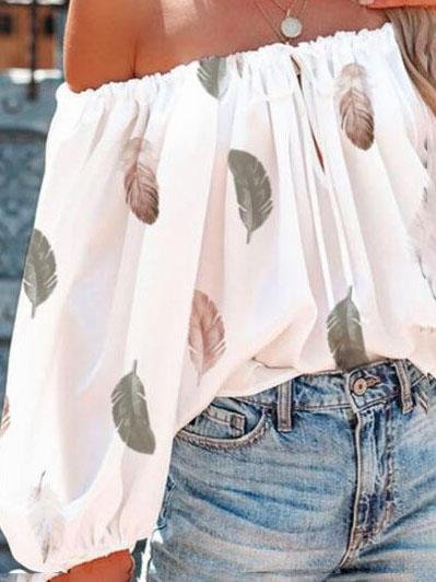 Casual Feather Print Off Shoulder Strap Blouse - LuckyFash™