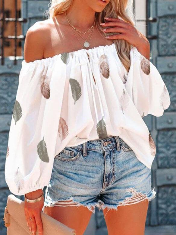 Casual Feather Print Off Shoulder Strap Blouse - LuckyFash™