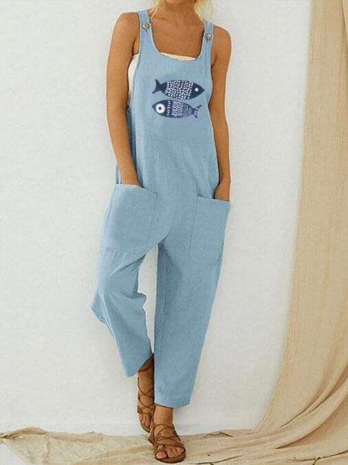 Casual Fish Print Patchwork Jumpsuit - LuckyFash™