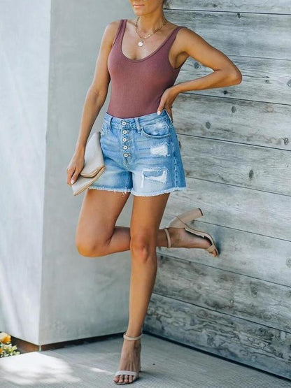 Casual High Waist Straight-leg Denim Shorts - LuckyFash™
