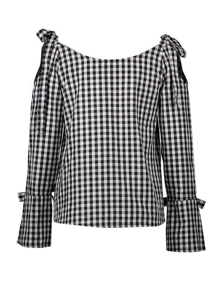 Casual Plaid Cross Tie Strapless Long Sleeve Bow Blouses - LuckyFash™