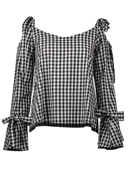 Casual Plaid Cross Tie Strapless Long Sleeve Bow Blouses - LuckyFash™