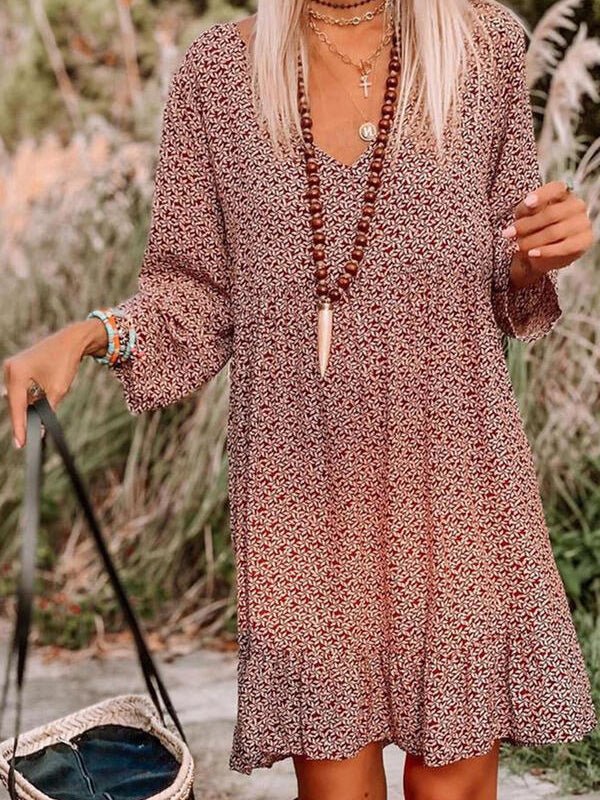 Casual Print Knee Long Sleeve Tunic Dresses - LuckyFash™