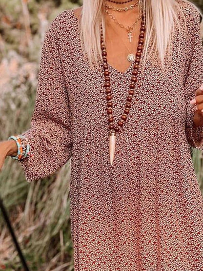 Casual Print Knee Long Sleeve Tunic Dresses - LuckyFash™