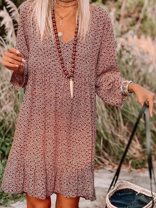 Casual Print Knee Long Sleeve Tunic Dresses - LuckyFash™