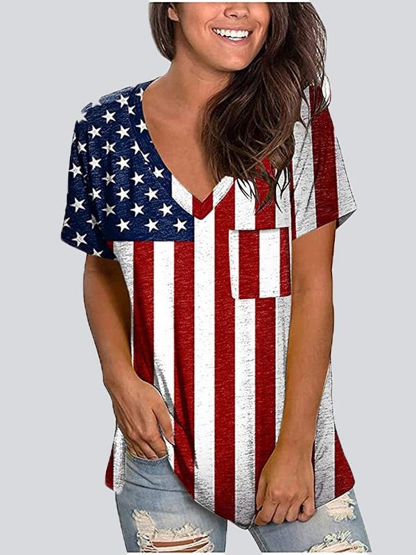 Casual Print V Neck Short Sleeve T-shirt - LuckyFash™