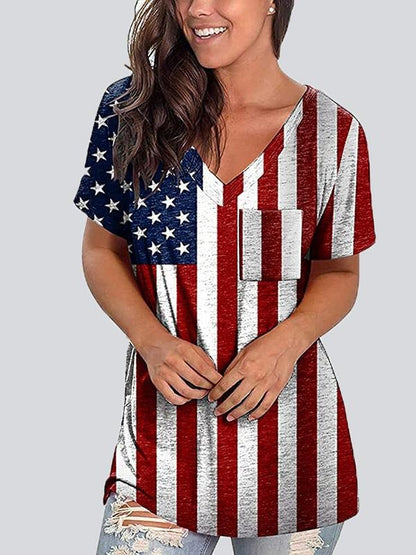 Casual Print V Neck Short Sleeve T-shirt - LuckyFash™