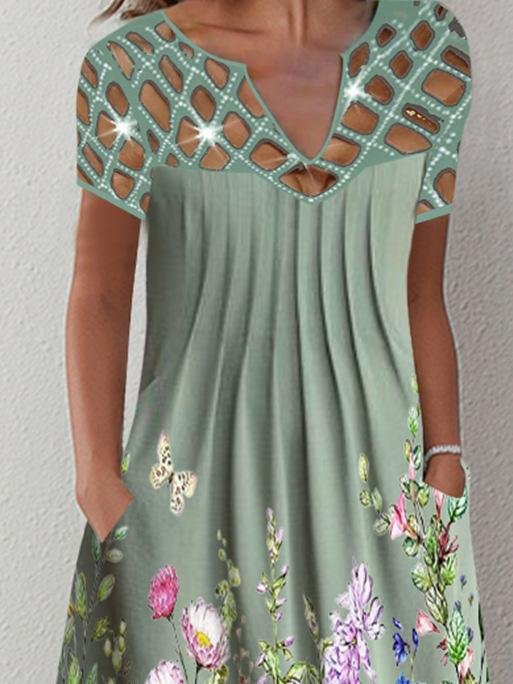 Casual Printed Floral Cutout V-Neck Dress - LuckyFash™