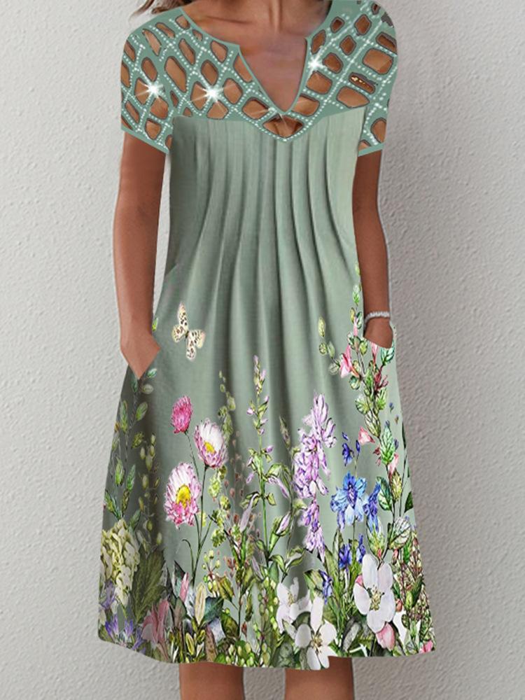 Casual Printed Floral Cutout V-Neck Dress - LuckyFash™