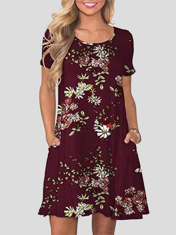 Casual Printed Short Sleeve Round Neck Pocket Dress - LuckyFash™