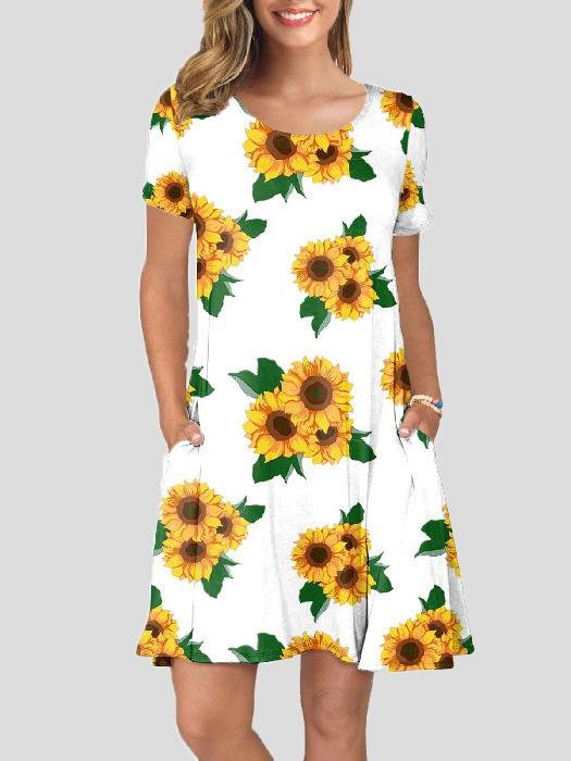 Casual Printed Short Sleeve Round Neck Pocket Dress - LuckyFash™