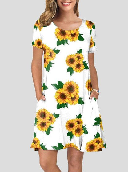 Casual Printed Short Sleeve Round Neck Pocket Dress - LuckyFash™