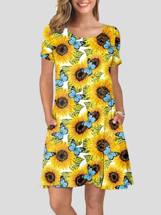 Casual Printed Short Sleeve Round Neck Pocket Dress - LuckyFash™
