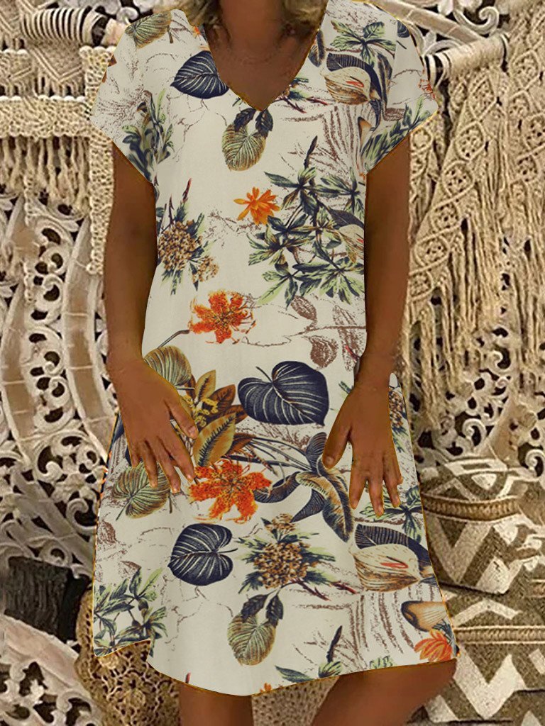Casual Printed Short Sleeve V-neck Dress - LuckyFash™