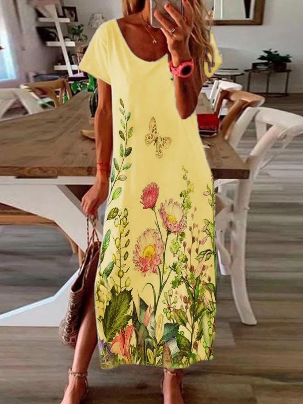 Casual Short Sleeve Flower Slit Dress - LuckyFash™