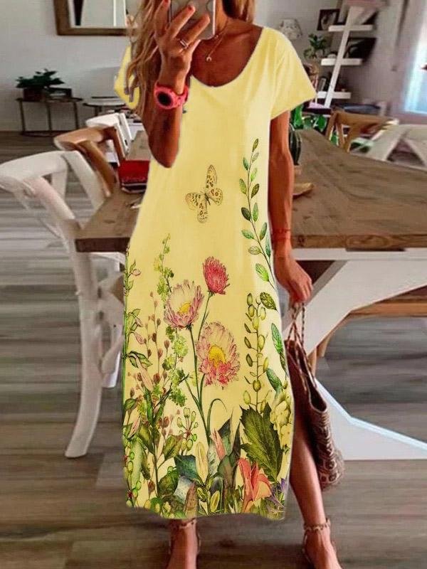 Casual Short Sleeve Flower Slit Dress - LuckyFash™