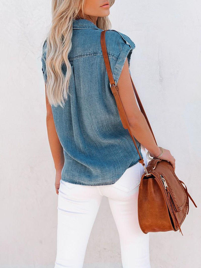 Casual Short-sleeved Solid Denim Shirt - LuckyFash™