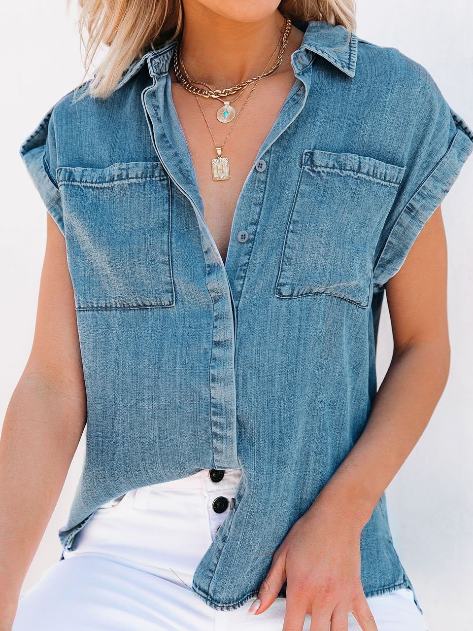 Casual Short-sleeved Solid Denim Shirt - LuckyFash™