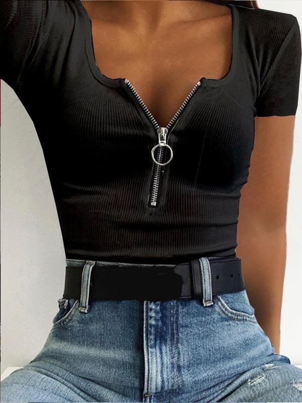 Casual Threaded Zip Decorated Short Sleeve T-shirt - LuckyFash™