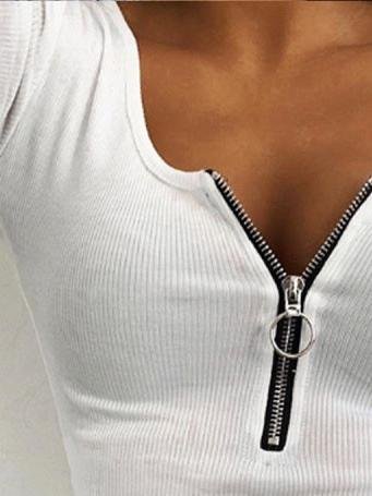 Casual Threaded Zip Decorated Short Sleeve T-shirt - LuckyFash™