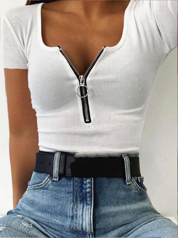 Casual Threaded Zip Decorated Short Sleeve T-shirt - LuckyFash™