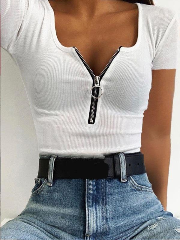 Casual Threaded Zip Decorated Short Sleeve T-shirt - LuckyFash™