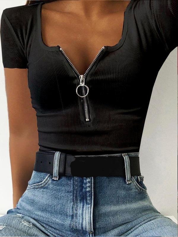 Casual Threaded Zip Decorated Short Sleeve T-shirt - LuckyFash™