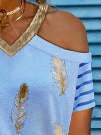 Casual V-neck Feather Print T-shirt - LuckyFash™