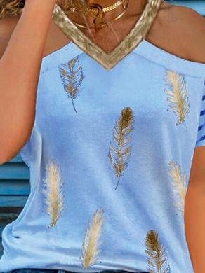 Casual V-neck Feather Print T-shirt - LuckyFash™