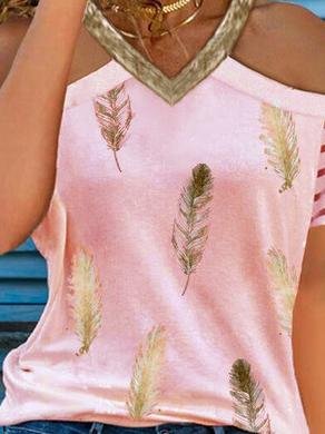 Casual V-neck Feather Print T-shirt - LuckyFash™