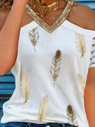 Casual V-neck Feather Print T-shirt - LuckyFash™