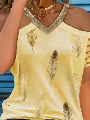 Casual V-neck Feather Print T-shirt - LuckyFash™