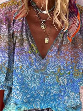Casual V-neck Multicolor Printed Blouse - LuckyFash™