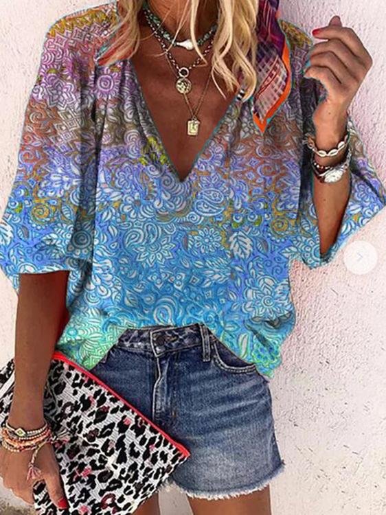 Casual V-neck Multicolor Printed Blouse - LuckyFash™