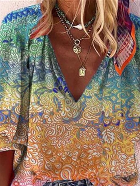 Casual V-neck Multicolor Printed Blouse - LuckyFash™
