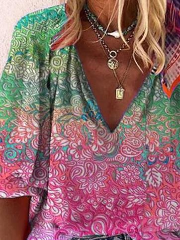 Casual V-neck Multicolor Printed Blouse - LuckyFash™