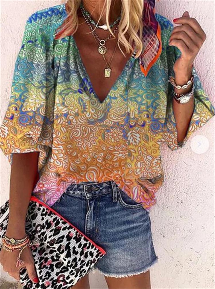 Casual V-neck Multicolor Printed Blouse - LuckyFash™