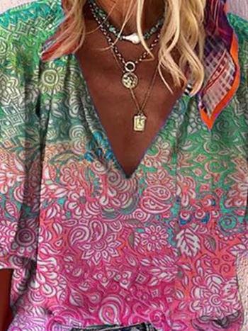 Casual V-neck Multicolor Printed Blouse - LuckyFash™