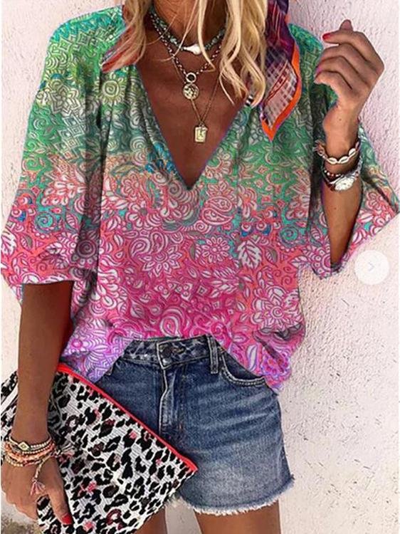 Casual V-neck Multicolor Printed Blouse - LuckyFash™