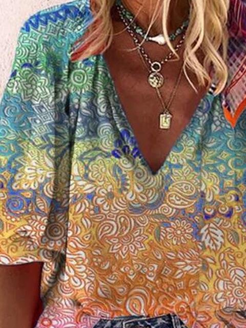 Casual V-neck Multicolor Printed Blouse - LuckyFash™