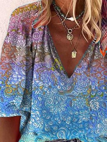 Casual V-neck Multicolor Printed Blouse - LuckyFash™