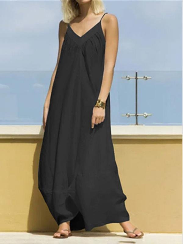 Casual V-neck Strap Solid A-line Big Swing Dress - LuckyFash™