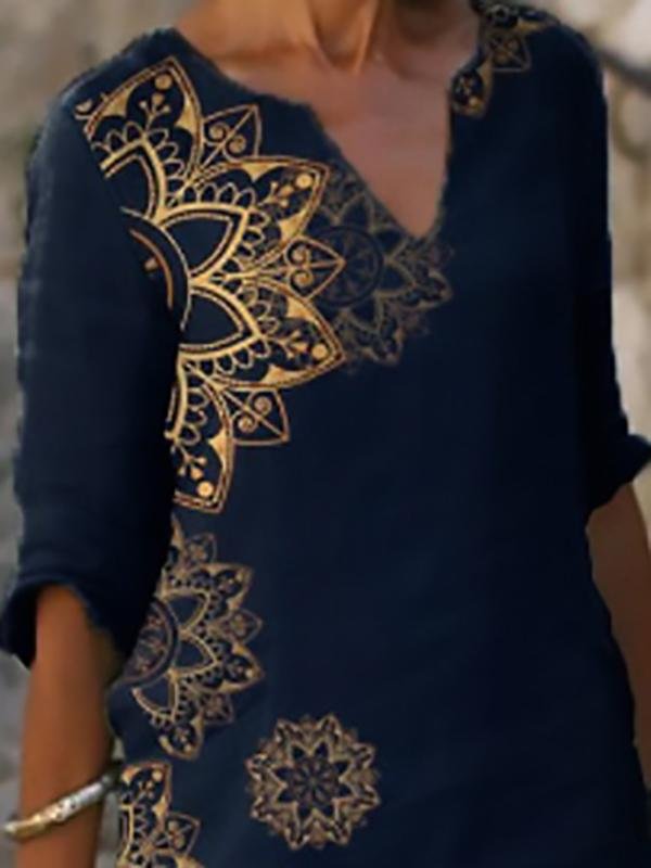 Casual V-neck Vintage Print Midi Shirt Dress - LuckyFash™