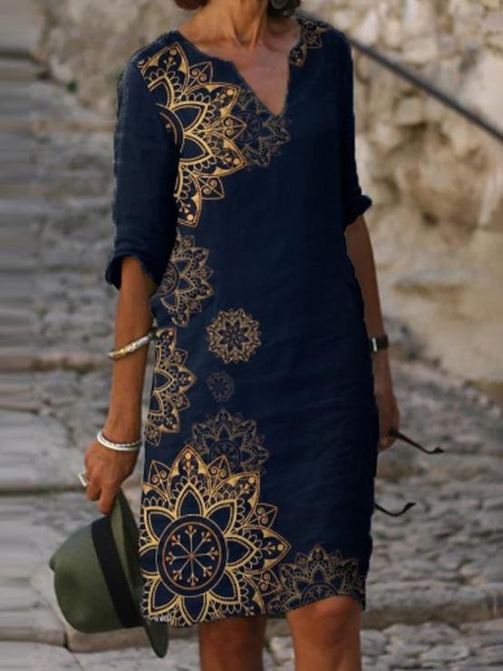 Casual V-neck Vintage Print Midi Shirt Dress - LuckyFash™