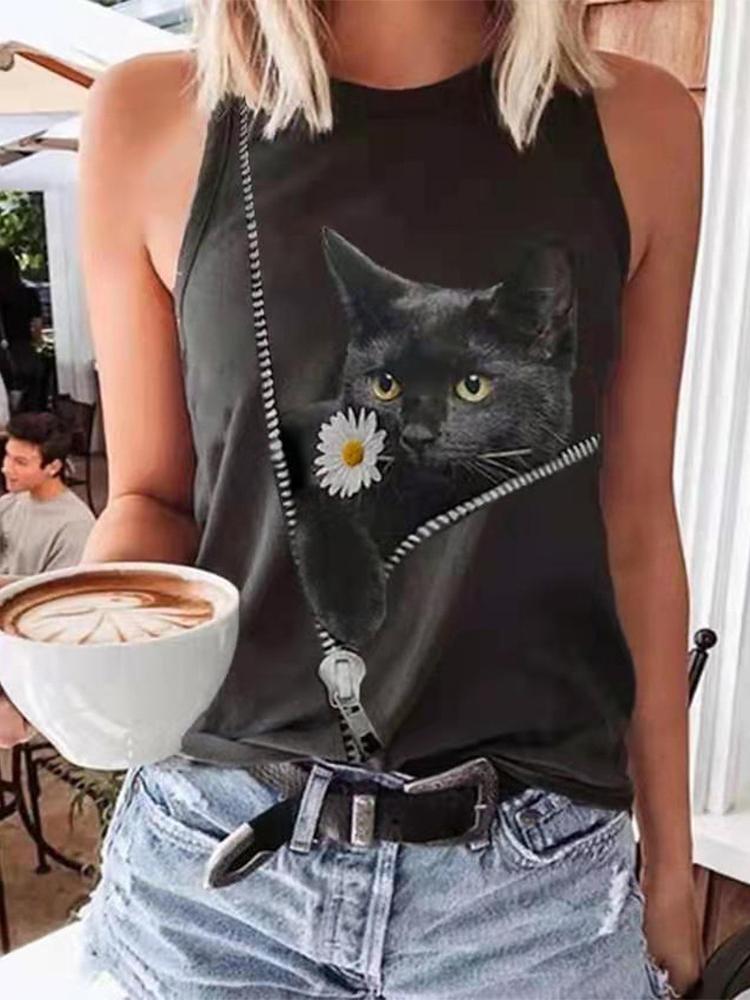 Cat Print Casual Round Neck Sleeveless Tank Top - LuckyFash™