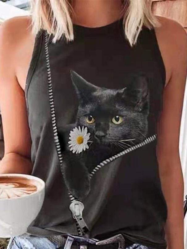 Cat Print Casual Round Neck Sleeveless Tank Top - LuckyFash™