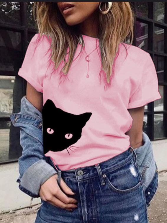 Cat Print Round Neck Slim Short Sleeve T-Shirt - LuckyFash™