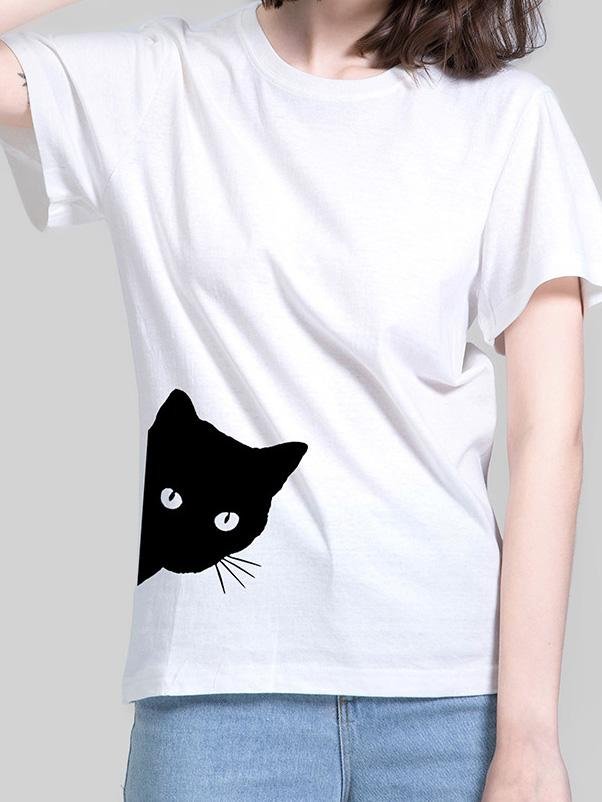 Cat Print Round Neck Slim Short Sleeve T-Shirt - LuckyFash™