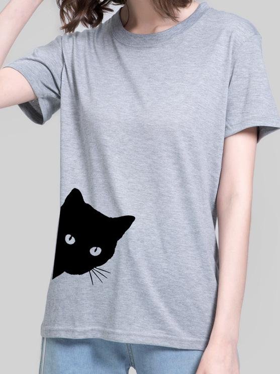 Cat Print Round Neck Slim Short Sleeve T-Shirt - LuckyFash™